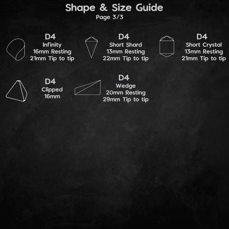 May include: A guide to different shapes and sizes of D4 dice, with illustrations and measurements in millimetres. The shapes include Infinity, Short Shard, Short Crystal, Clipped, and Wedge.