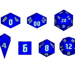 May include: A set of seven polyhedral gaming dice in a vibrant blue color with light green numbers in a gothic font. The set includes a d4, d6, d8, d10, d10 percentile, d12, and d20, each featuring sharp geometric edges and clear numerical markings.