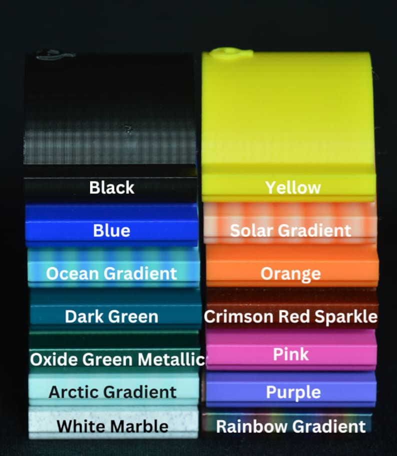 May include: A collection of 10 different colored plastic filament samples, including black, blue, ocean gradient, dark green, oxide green metallic, arctic gradient, white marble, yellow, solar gradient, orange, crimson red sparkle, pink, purple, and rainbow gradient.