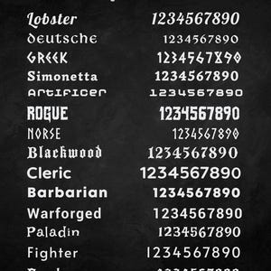 May include: A black and white image showing a list of different fonts with the numbers 1234567890 displayed in each font style. The fonts are: Lobster, deutsche, GREEK, Simonetta, Artificer, ROGUE, NORSE, Blackwood, Cleric, Barbarian, Warforged, Paladin, Fighter, Bard, and Dyslexic.