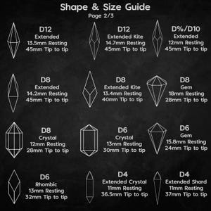 May include: A black and white chart showing different shapes and sizes of dice. The chart includes the name of each die, the size of the die when resting, and the size of the die from tip to tip. The chart is titled "Shape & Size Guide" and "Page 2/3".