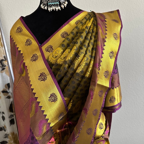 Mehendi  green and gold kanjivaram saree with unstitched purple blouse|ships from US
