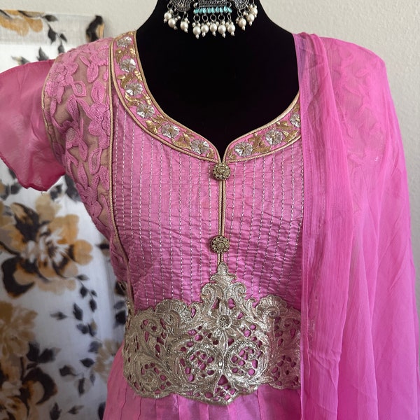 Pink L raw silk ankle length full flared anarkali kurti gown w hand embroidery and zardosi work with dupatta| ready to wear|ships from US