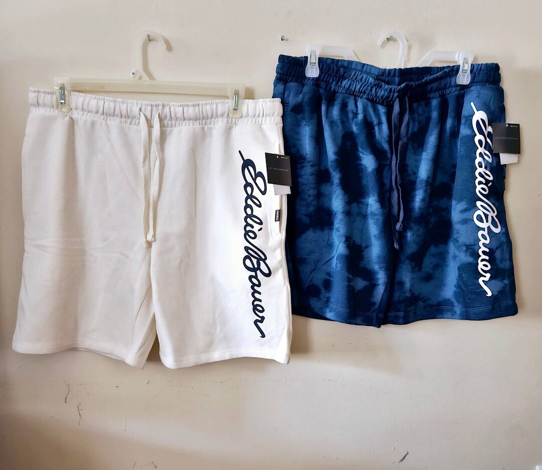 2 Eddie Bauer Lounge Size Large Men's Shorts Blue & Cream Cotton Fleece