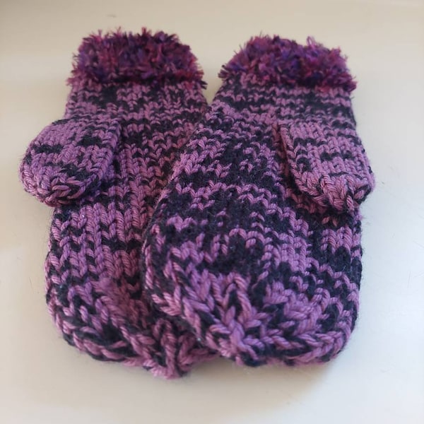 Hand Knit Purple and Black Fleck Marbled Women's Ladies Winter Mittens with Fuzzy Cuffs. Double knit thickness warm winter mittens. Fits mos