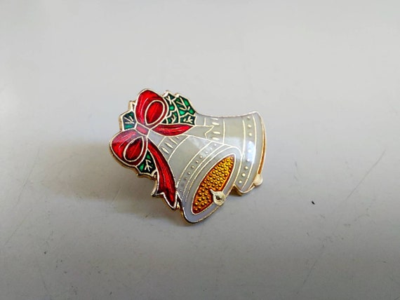 1" Vintage Gold and Enamel Jingle Bells with Red … - image 2
