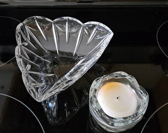 6"×2.75" Triangular Clear Glass Candy Bowl with Intricate Designs & 3" Clear Glass Voltive Candle Holder