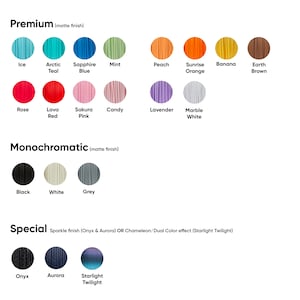 May include: A chart showing different colors of filament for 3D printing. The colors are organized into three categories: Premium, Monochromatic, and Special. The Premium category includes colors like Ice, Arctic Teal, Sapphire Blue, Mint, Peach, Sunrise Orange, Banana, Earth Brown, Rose, Lava Red, Sakura Pink, Candy, Lavender, and Marble White. The Monochromatic category includes Black, White, and Grey. The Special category includes Onyx, Aurora, and Starlight Twilight.