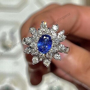 Blauer Saphir Ring 925 Silber Ring Blauer Saphir Edelstein Ring Halo Ring Verlobungsring Versprechensring Silberschmuck Ring Best for Geschenk