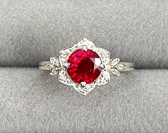 Anello di fidanzamento con fiore di rubino rosso: anello di fidanzamento con alone in argento sterling 925