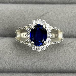 Blue Sapphire Ring 925 Sterling Silver Ring Blue Sapphire Gemstone, Halo Engagement Ring, Promise Ring Luxury Silver Jewelry best for Gift