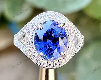 Tanzanite Halo Ring: Dark Blue Gemstone, 925 Sterling Silver
