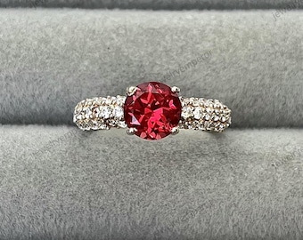Anillo único de rubí rojo en plata de ley 925, diseño floral, solitario, anillo de compromiso, joya nupcial de plata