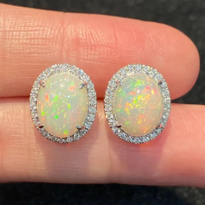 Genuine Ethiopian Opal and Diamond Silver Halo Earrings main image 1