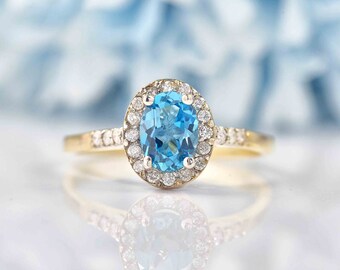 Natürlicher Schweizer Blautopas-Ring, 925er Silberring, Blautopas-Edelsteinring, Halo-Ring, Verlobungsring, Versprechensring, Silberschmuck, ideal als Geschenk