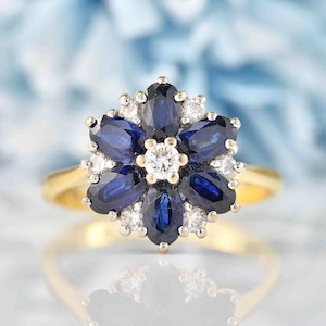 Blue Sapphire 925 Sterling Silver Ring Sapphire Flower-Design Ring, Halo Engagement Ring Promise Ring, Bridal Silver Jewellery Best for Gift