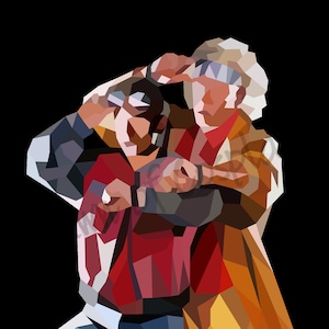 May include: A low-poly illustration of two people in a dynamic pose, one wearing a red jacket and the other wearing a yellow jacket. The image is set against a black background.