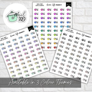May include: Three sheets of stickers featuring a pot icon and the text "Meal Prep" in different colours. The colours are pink, blue, and grey. The text "Dream Life Planning Co." is at the top of each sheet. The text "Available in 3 Colour Themes" is at the bottom of the image.