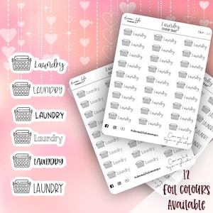 May include: A sheet of 33 laundry sticker labels with a black and white design of a laundry basket. The sticker sheet is labelled "Laundry Sticker Sheet" and "DLP-333". The text "12 Foil Colours Available" is at the bottom of the image.