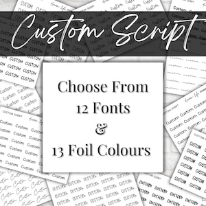 May include: A digital download of 12 fonts and 13 foil colours for creating custom script stickers. The image shows a variety of fonts and foil colours in a black and white design.