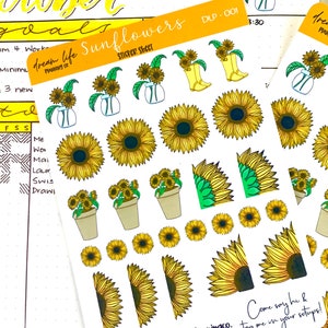 Stickers tournesol | Tournesols | Bullet Journal | Stickers pour agenda | Jolie feuille d'autocollants pour agenda | Feuille d'autocollants | BUJO | DLP 001