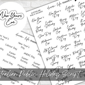 Australian Public Holiday Script Stickers, Calendar Holiday Stickers, Bullet Journal, Planner, Diary, Calendar Stickers, Planner Stickers