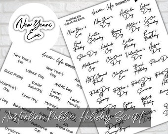 Clear Foiled Australian Public Holiday Script Stickers, Calendar Holiday Stickers, Bullet Journal, Planner, Diary, Planner Script Stickers