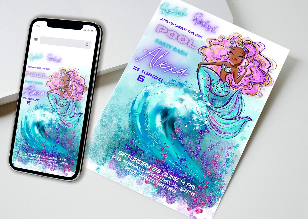 Editable Black Mermaid Birthday Invitation, Mermaid Party Invitation