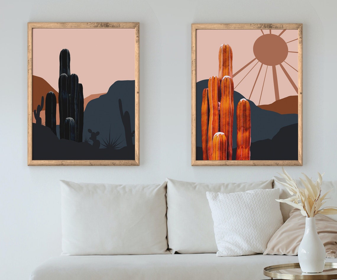 Set of 2 Abstract Desert Wall Art Mid Century Modern Cactus | Etsy