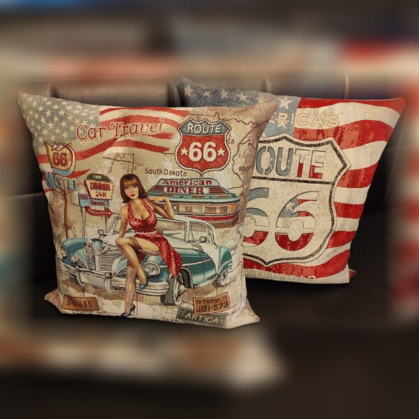 Route 66 Kissen 45x45 cm Gobelin Oldtimer Nostalgie