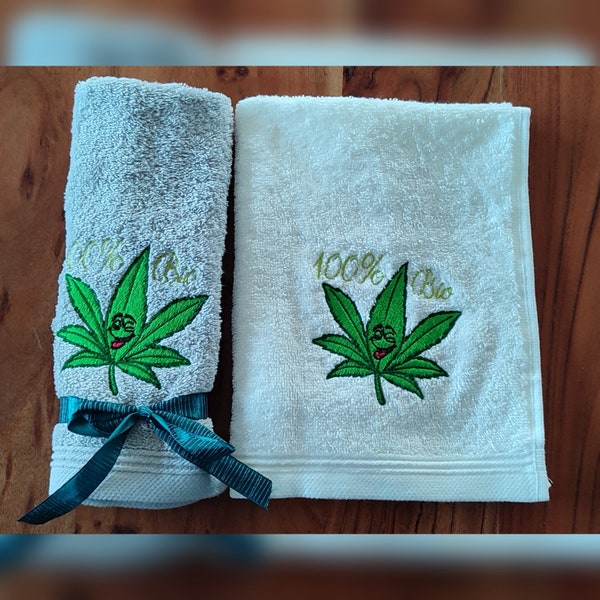 Marihuana Blatt Gras 100% Bio lustiges Gäste Handtuch bestickt  grau oder weiß 30x48cm Geschenk