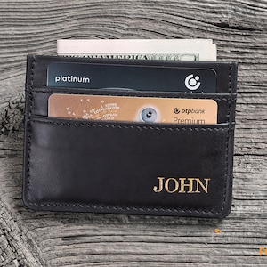 Cartera de cuero minimalista, cartera de cuero con tarjetero, cartera de bolsillo frontal delgado personalizada, regalos corporativos con logotipo, regalo hecho a mano.