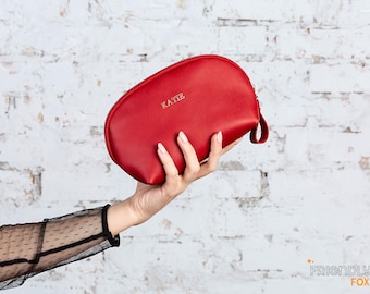 Personalized Leather Makeup Bag, Monogrammed Cosmetic Zipper Pouch