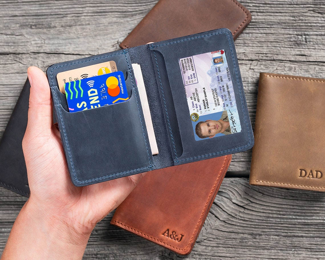 Personalized Leather Wallet With ID Window Front Pocket Etsy