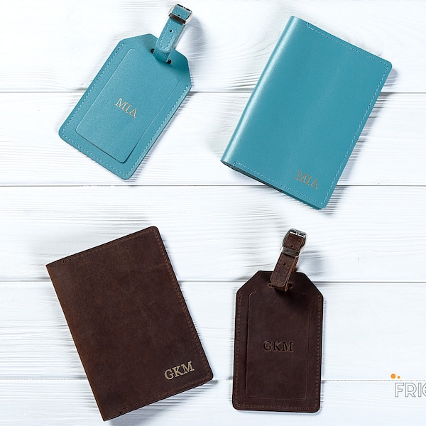 Leather Passport Holder Personalized - Passport Cover and Luggage Tag Set, Passport Wallet for men and women.