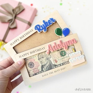 Personalized Birthday Money Holder Gift | Name Money Holder | Birthday Money Gift | Cash Gift Wooden Holder | Balloon and Cake Money Holder