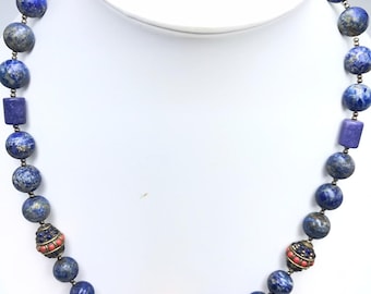 Handmade Lapis Lazuli Necklace with Turquoise & Coral Inlay Beads – Statement Boho Jewelry”