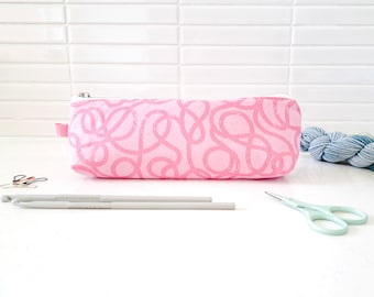 Crochet Hook Case, Pencil Case, Stand Up Zipper Organiser, Pink Squiggles