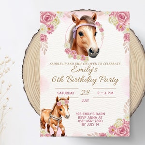 Editable Horse Birthday Invitation Girl Saddle Up Watercolor Cowgirl Pony Party Horse Invite Pink Floral Download Printable Digital File