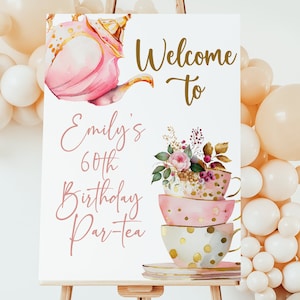 Letrero de bienvenida para fiesta de té de cumpleaños editable, póster para fiesta de té, ducha de oro rosa, fiesta en el jardín, plantilla de descarga instantánea, imprimible, Alicia en el país de las maravillas