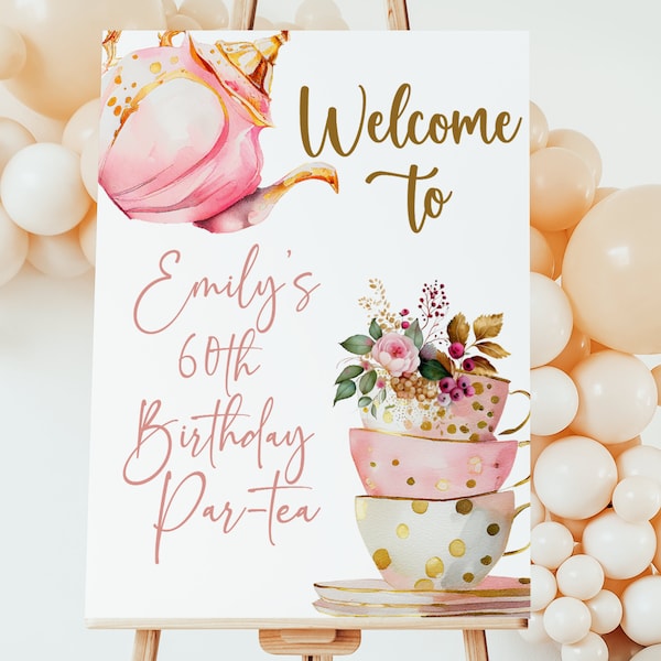 EDITABLE Birthday Tea Party Welcome Sign Par-tea Poster Pink Gold Shower Garden Party Instant Download Template Printable Alice Wonderland