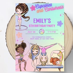 Cupcakes and Cartwheels Gymnastic Birthday Invitation, Watercolor, Editable, Fun Party Invite for Girls, Gymnastics Theme, Instant Download