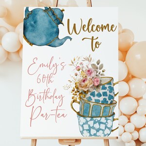 Editable Tea Party Welcome Sign: Blue & Gold Birthday Poster (Digital Download)
