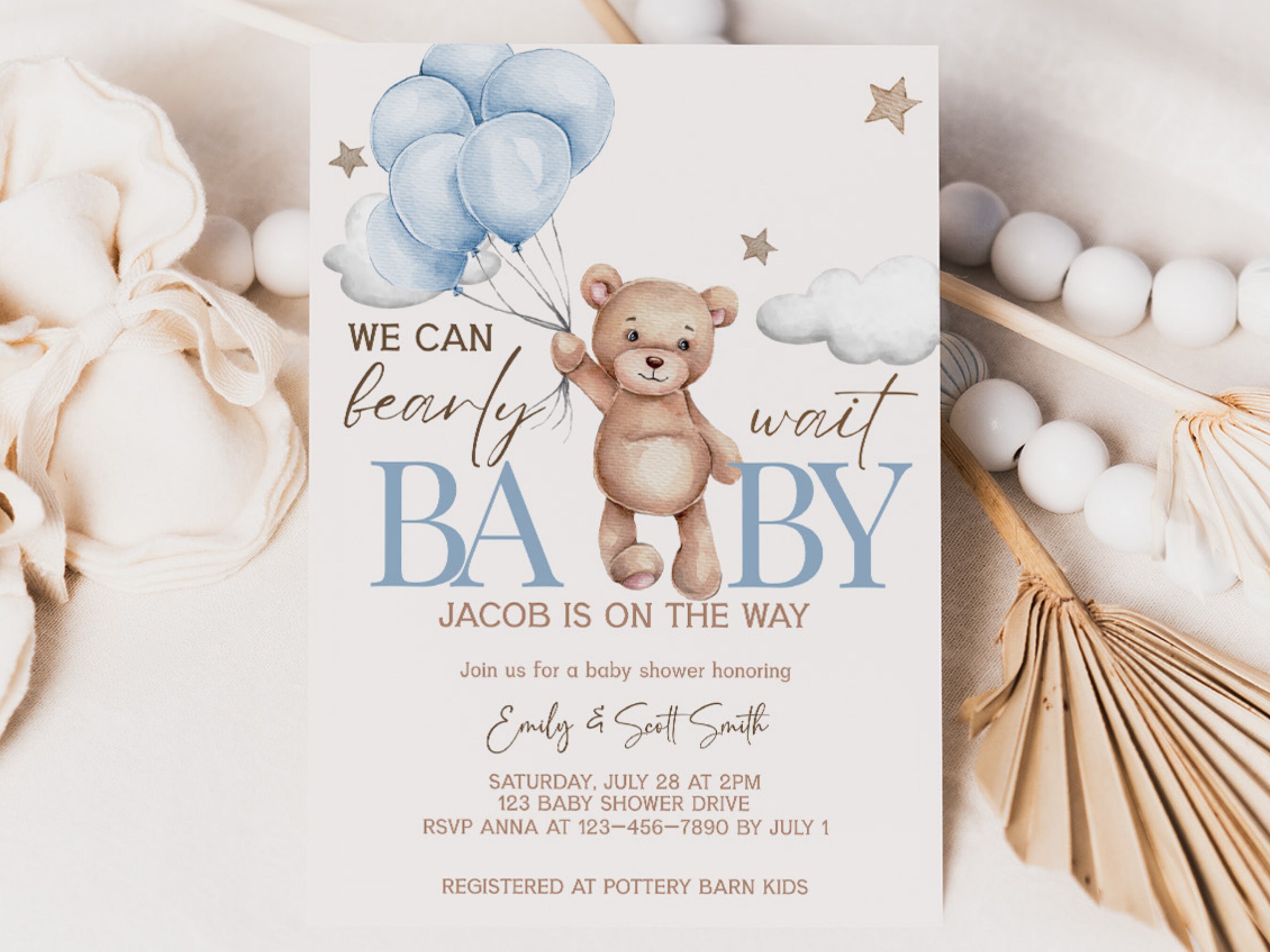 Bear Balloons Baby Shower Invitation Template We Can Bearly Wait Boy ...