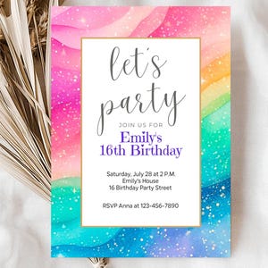 EDITABLE Watercolor Rainbow Birthday Party Invitation, Any Age, Digital Download, Colorful Girl's Party Invite, Printable for Teens