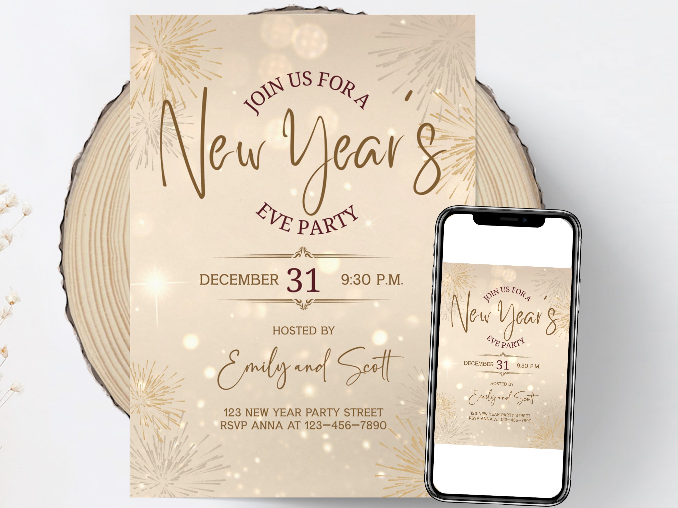 Editable New Years Eve Party Invitation, 2025 New Years Party Invite, Gold Glitter New Year