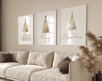 Gold Christmas Tree Print Set: Minimalist Holiday Decor (Digital Download)