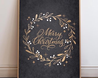 Christmas Wreath Chalkboard Print: Gold Holiday Wall Art (Instant Download)