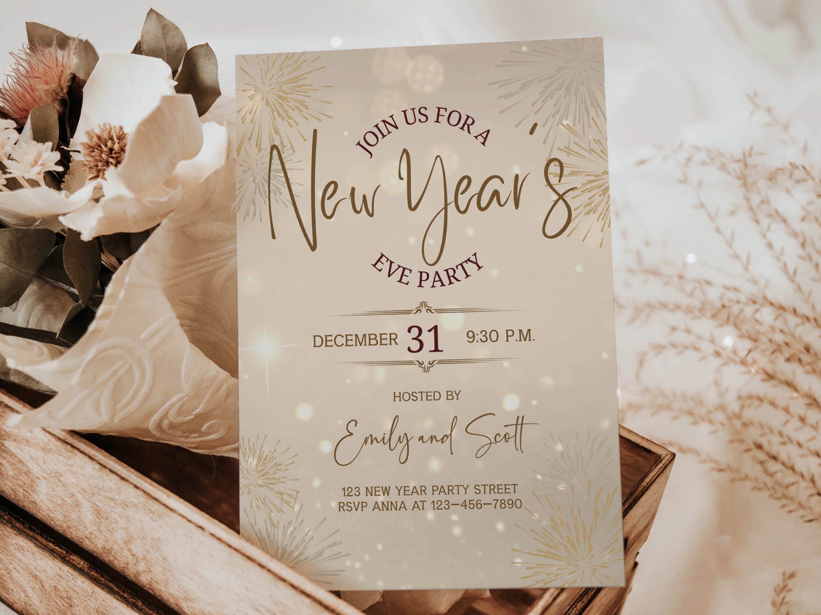 Editable New Years Eve Party Invitation, 2025 New Years Party Invite, Gold Glitter New Year