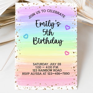 EDITABLE Rainbow Birthday Invitation,Any Age,Watercolor,Rainbow Party,Digital Download,Colorful Rainbow Girl's Party,Glitter,Neon Hearts